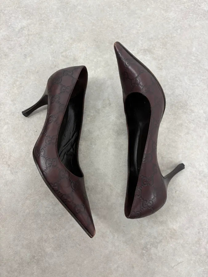 2000s Gucci Brown Monogram Leather Heels ZScaRxl 5