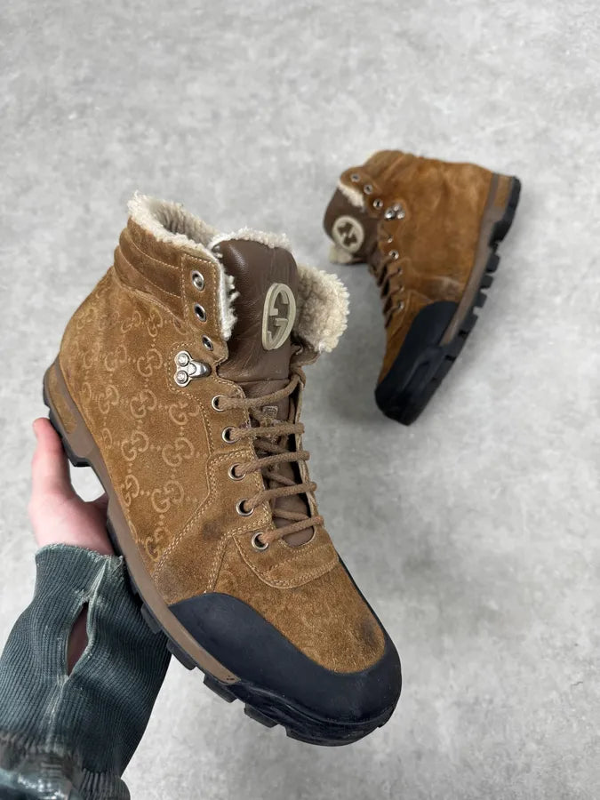 2000s Gucci Brown Monogrammed Leather High Nebraska Boots kYeDdIu 0