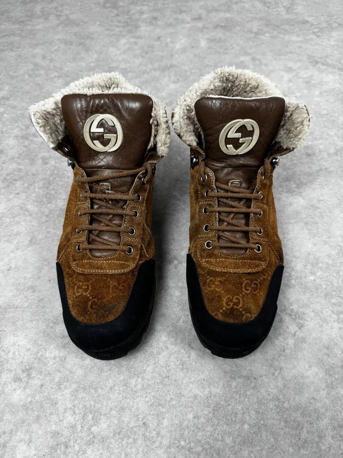 2000s Gucci Brown Monogrammed Leather High Nebraska Boots kYeDdIu 2