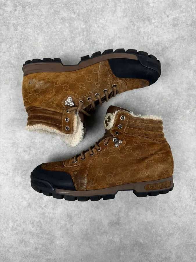 2000s Gucci Brown Monogrammed Leather High Nebraska Boots kYeDdIu 1