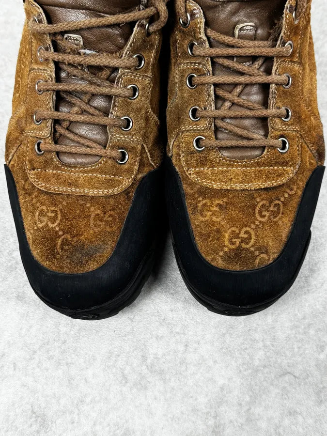 2000s Gucci Brown Monogrammed Leather High Nebraska Boots kYeDdIu 3