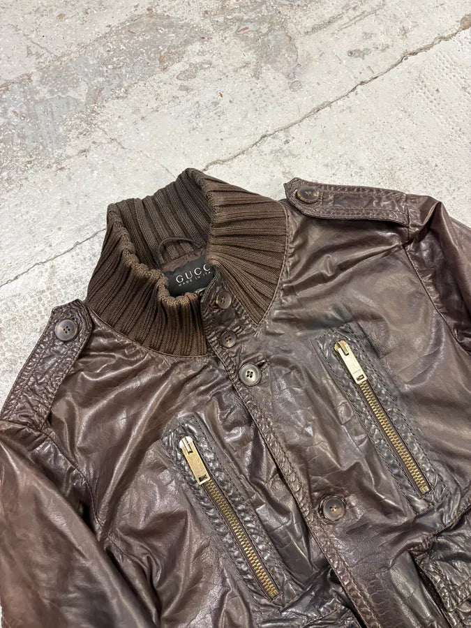 AW2009 Gucci Brown Madonna Buttoned Leather Jacket by Frida Giannini zzYkDjN 4