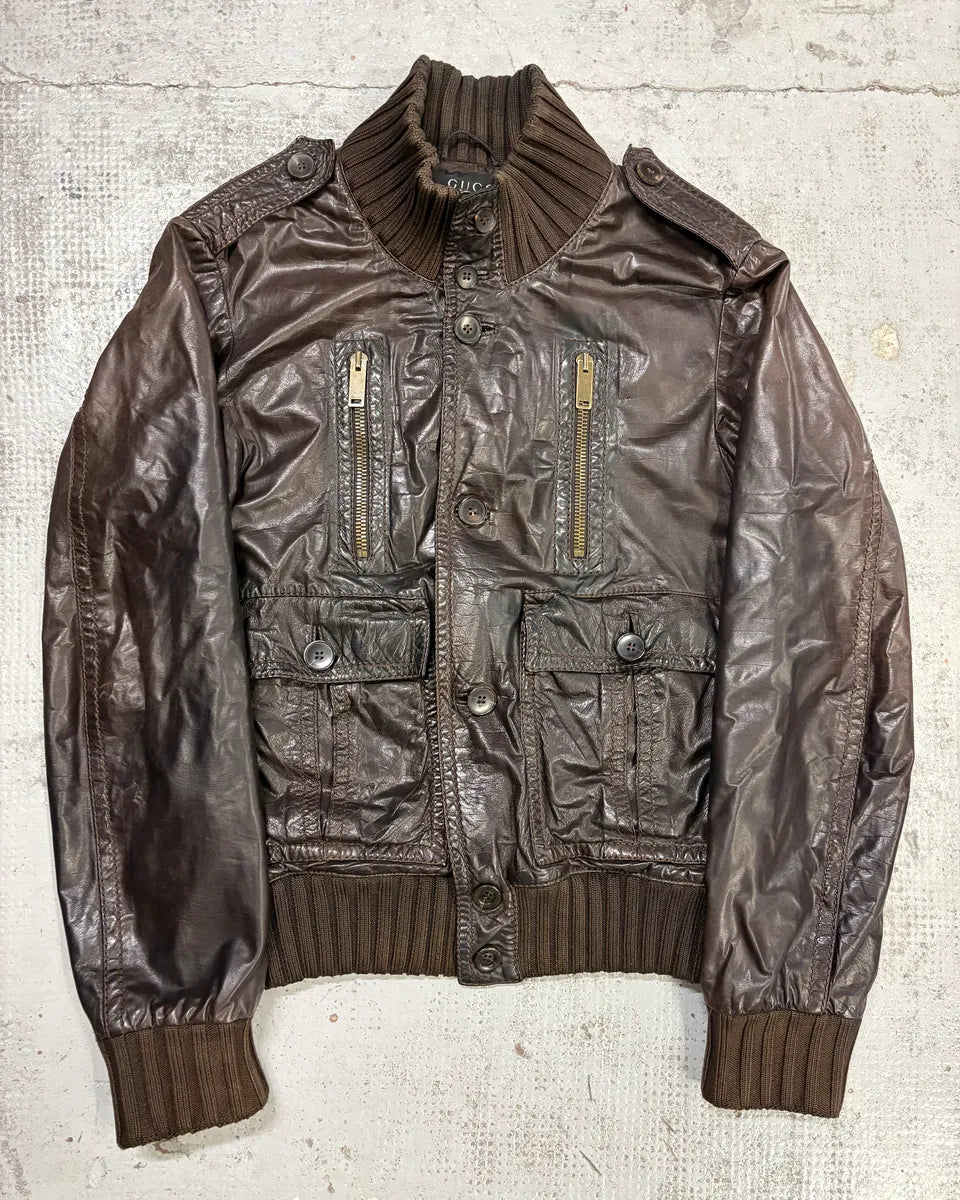 AW2009 Gucci Brown Madonna Buttoned Leather Jacket by Frida Giannini zzYkDjN 0