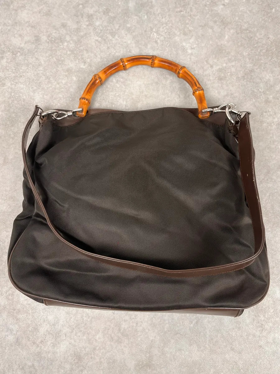 2000s Gucci Brown Nylon Bamboo Handle Bag MrHszNh 0