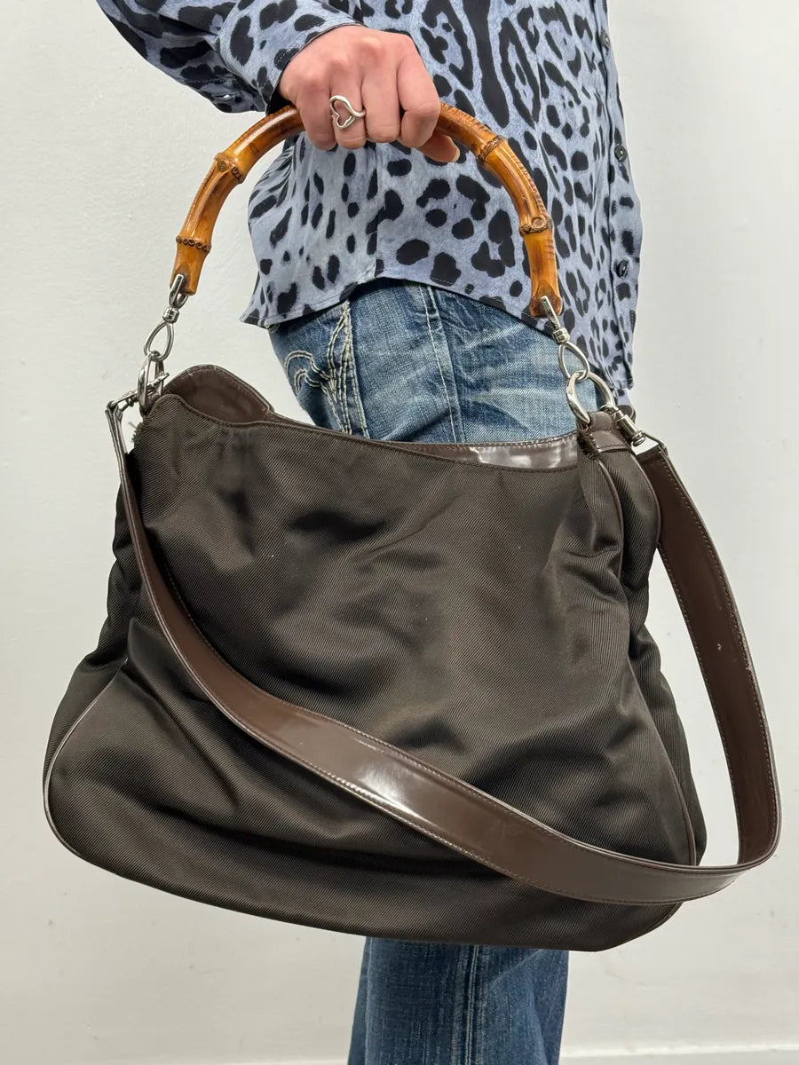 2000s Gucci Brown Nylon Bamboo Handle Bag MrHszNh 1