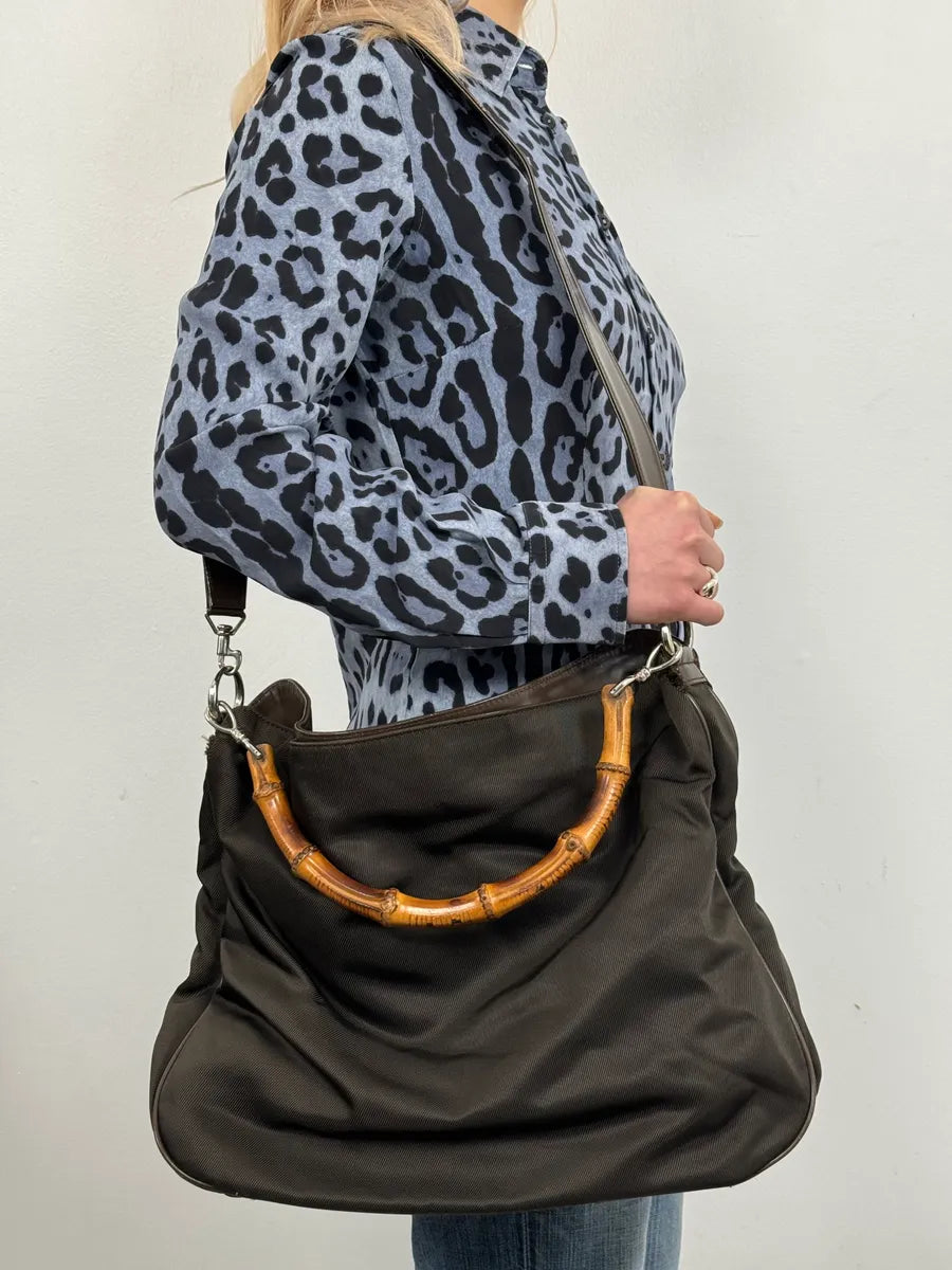 2000s Gucci Brown Nylon Bamboo Handle Bag MrHszNh 2