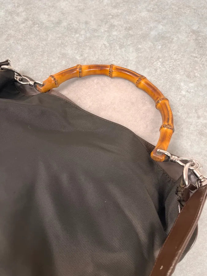 2000s Gucci Brown Nylon Bamboo Handle Bag MrHszNh 3