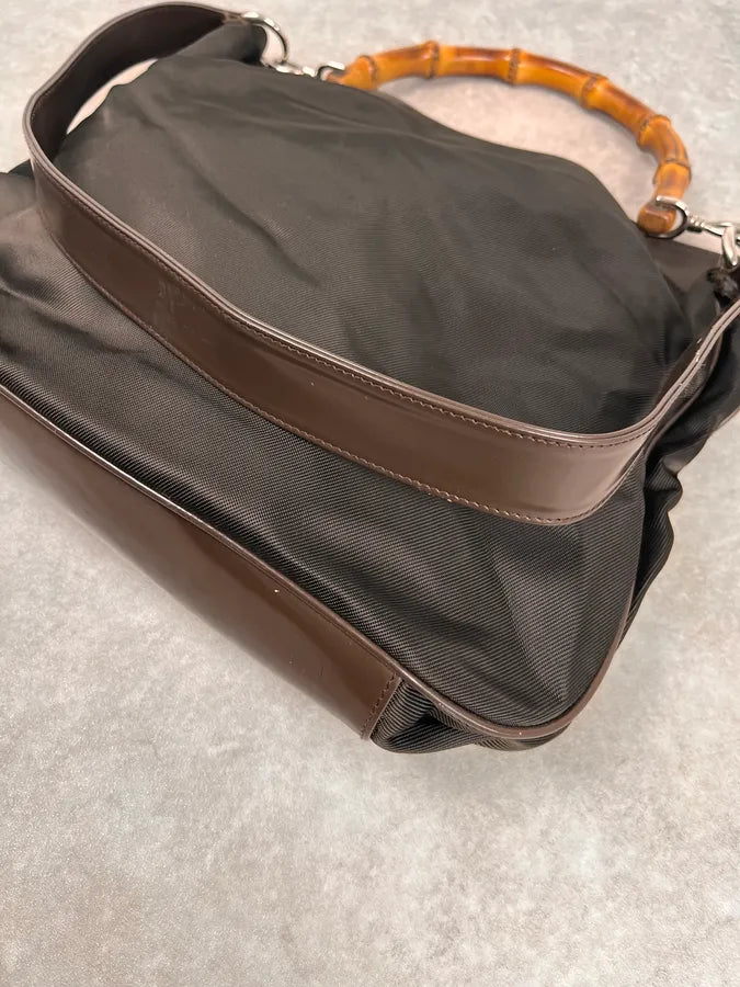 2000s Gucci Brown Nylon Bamboo Handle Bag MrHszNh 4