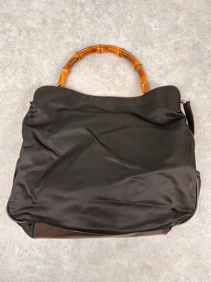 2000s Gucci Brown Nylon Bamboo Handle Bag MrHszNh 5