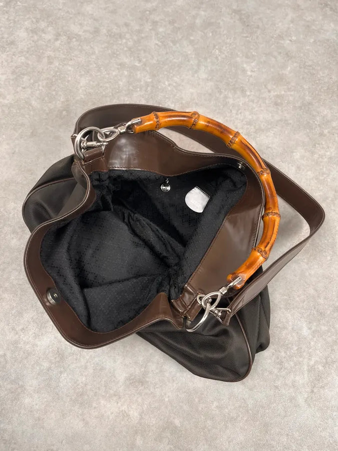 2000s Gucci Brown Nylon Bamboo Handle Bag MrHszNh 6