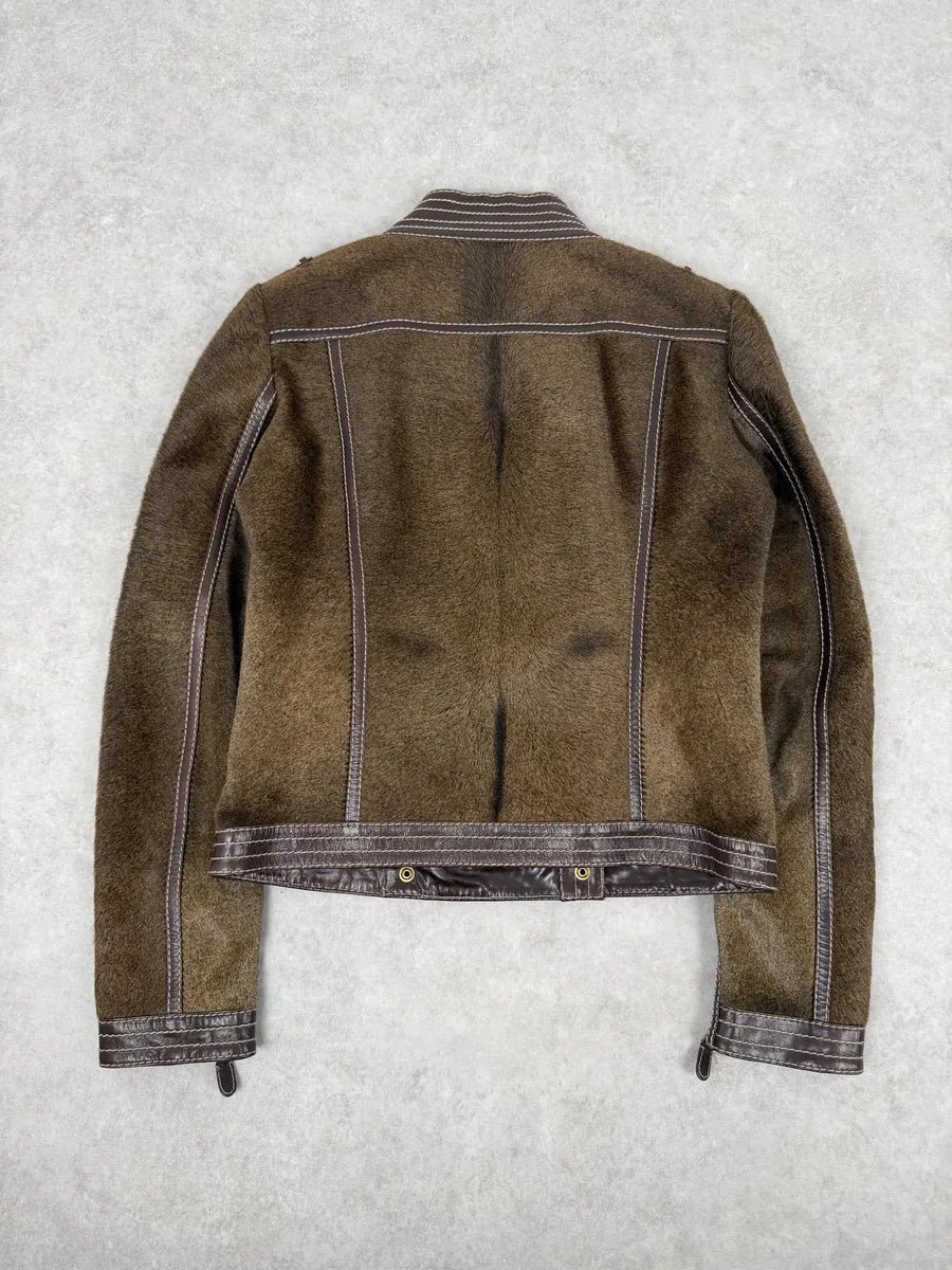 2000s Gucci Brown Pony Hair Leather Buttoned Officer Jacket by Tom Ford CvvUybc 1