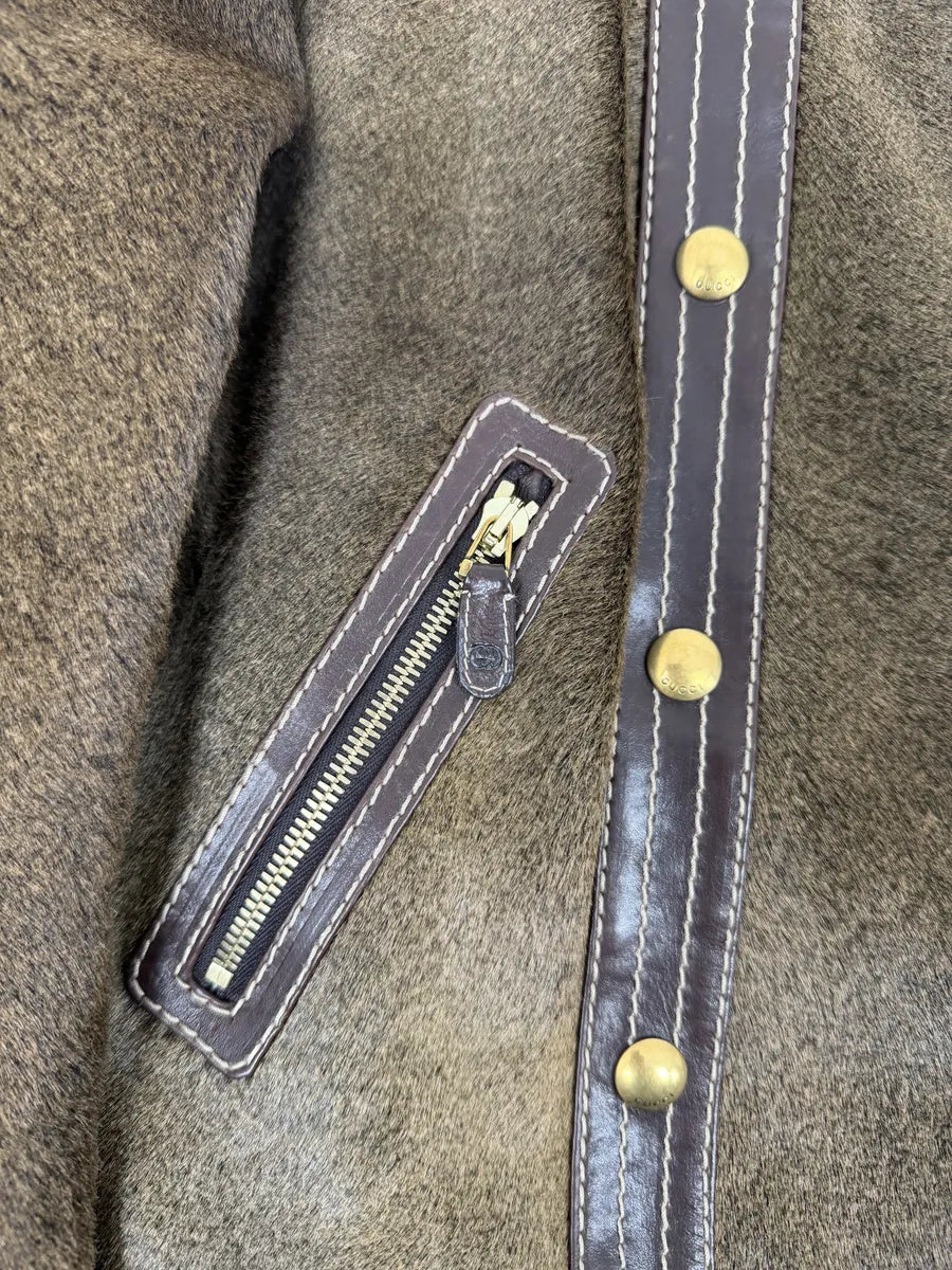 2000s Gucci Brown Pony Hair Leather Buttoned Officer Jacket by Tom Ford CvvUybc 10