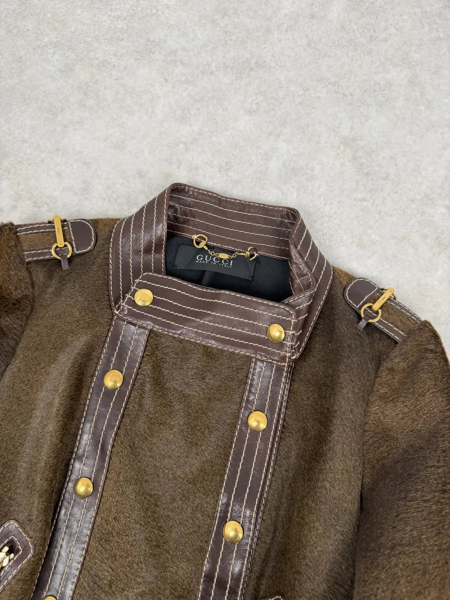 2000s Gucci Brown Pony Hair Leather Buttoned Officer Jacket by Tom Ford CvvUybc 11