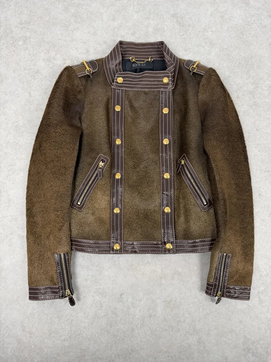 2000s Gucci Brown Pony Hair Leather Buttoned Officer Jacket by Tom Ford CvvUybc 12