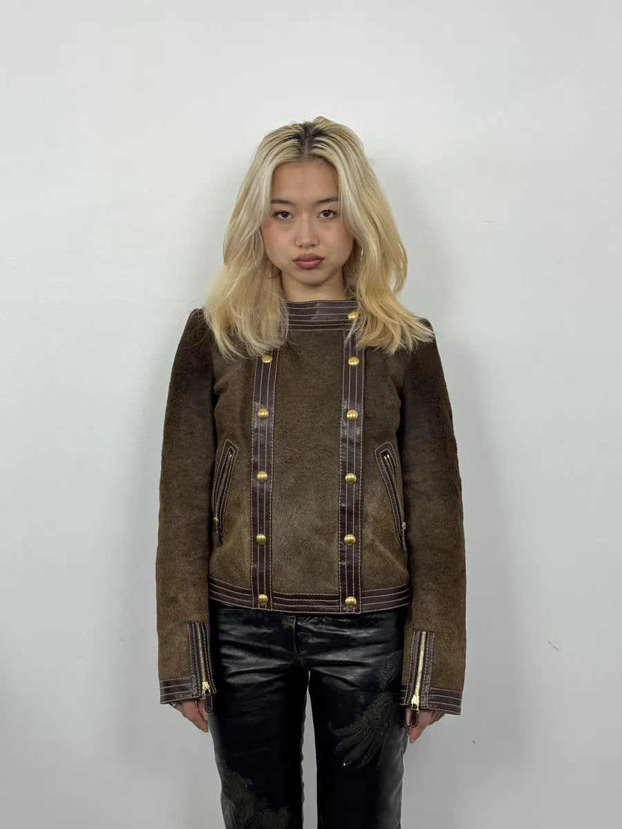 2000s Gucci Brown Pony Hair Leather Buttoned Officer Jacket by Tom Ford CvvUybc 2