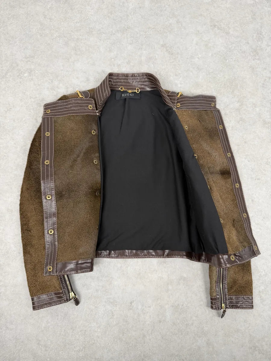 2000s Gucci Brown Pony Hair Leather Buttoned Officer Jacket by Tom Ford CvvUybc 4