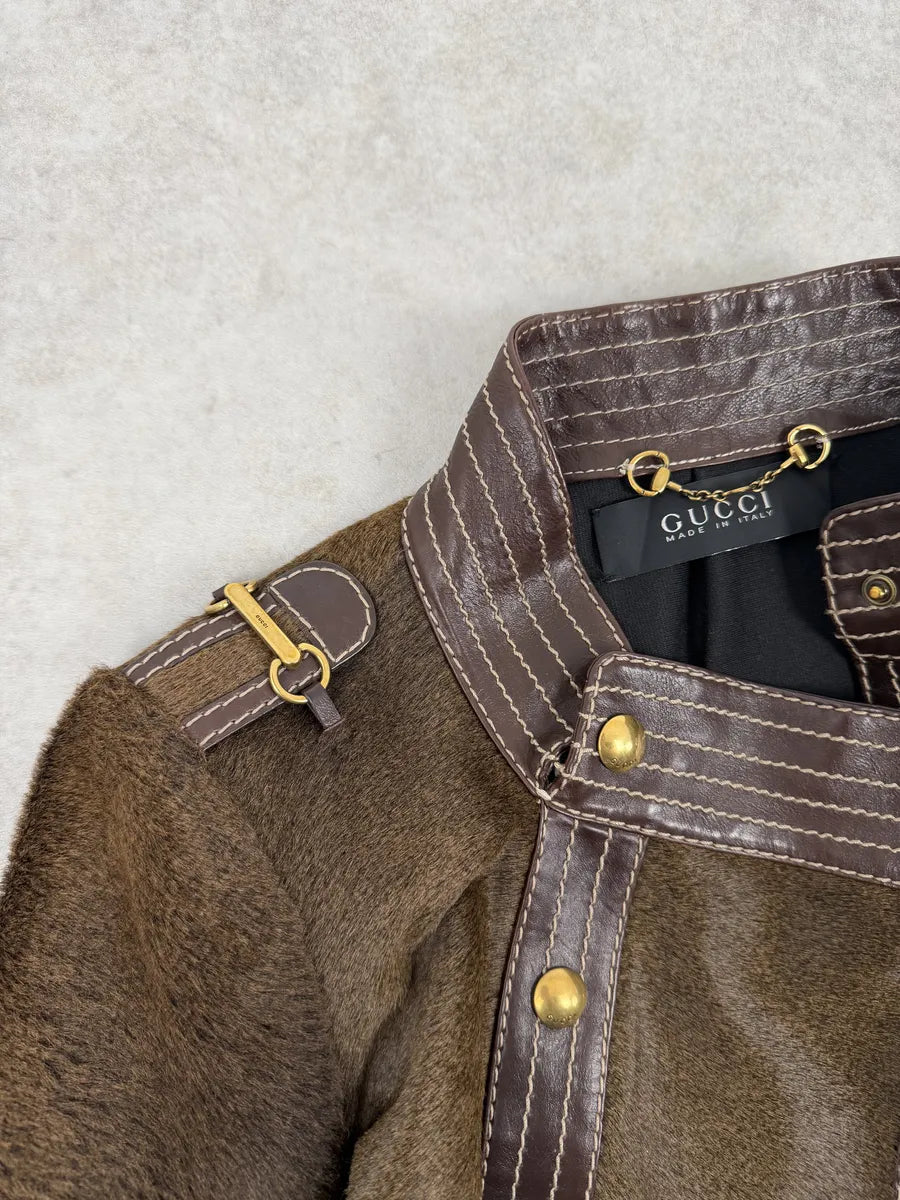 2000s Gucci Brown Pony Hair Leather Buttoned Officer Jacket by Tom Ford CvvUybc 5