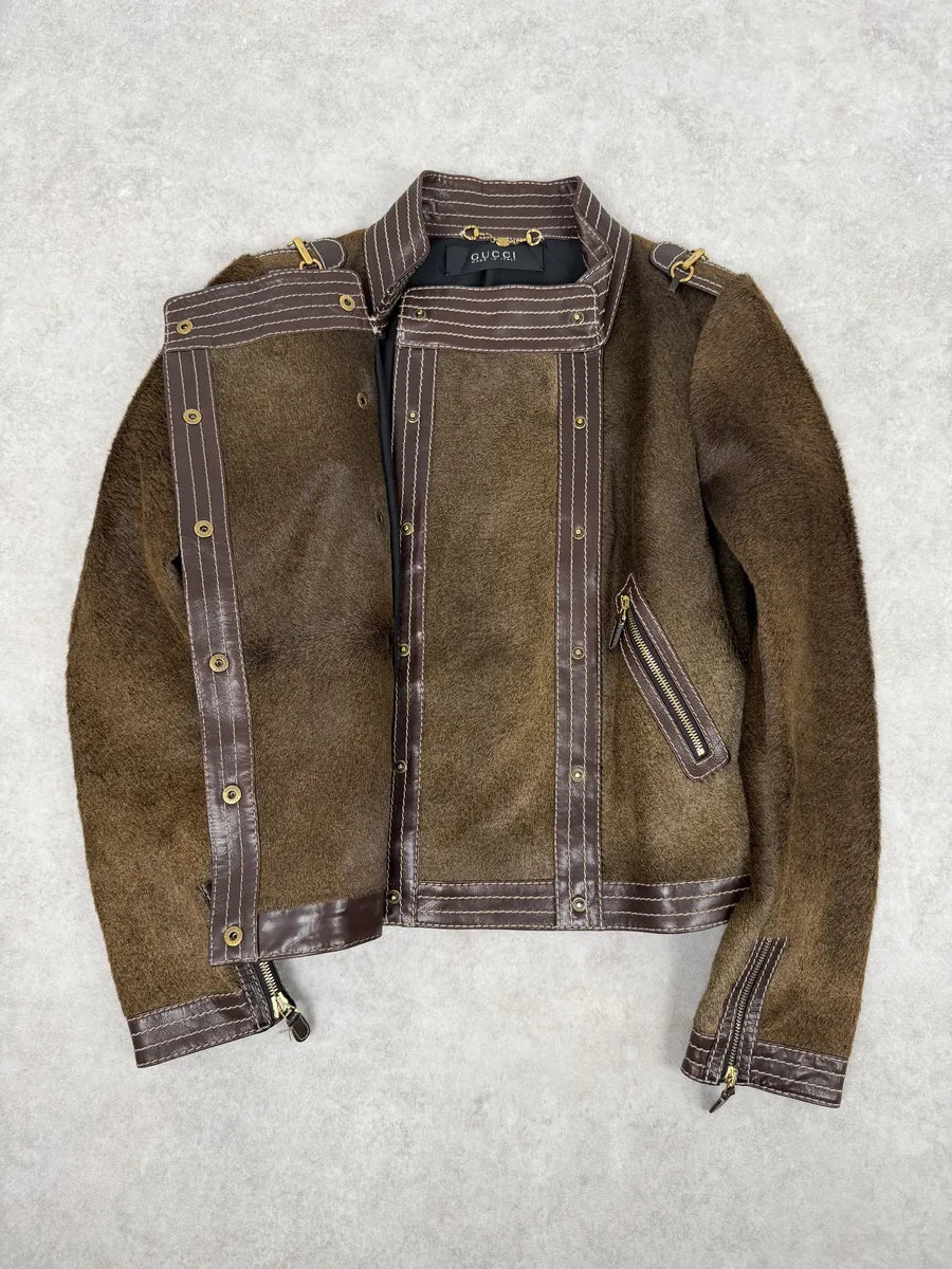 2000s Gucci Brown Pony Hair Leather Buttoned Officer Jacket by Tom Ford CvvUybc 6