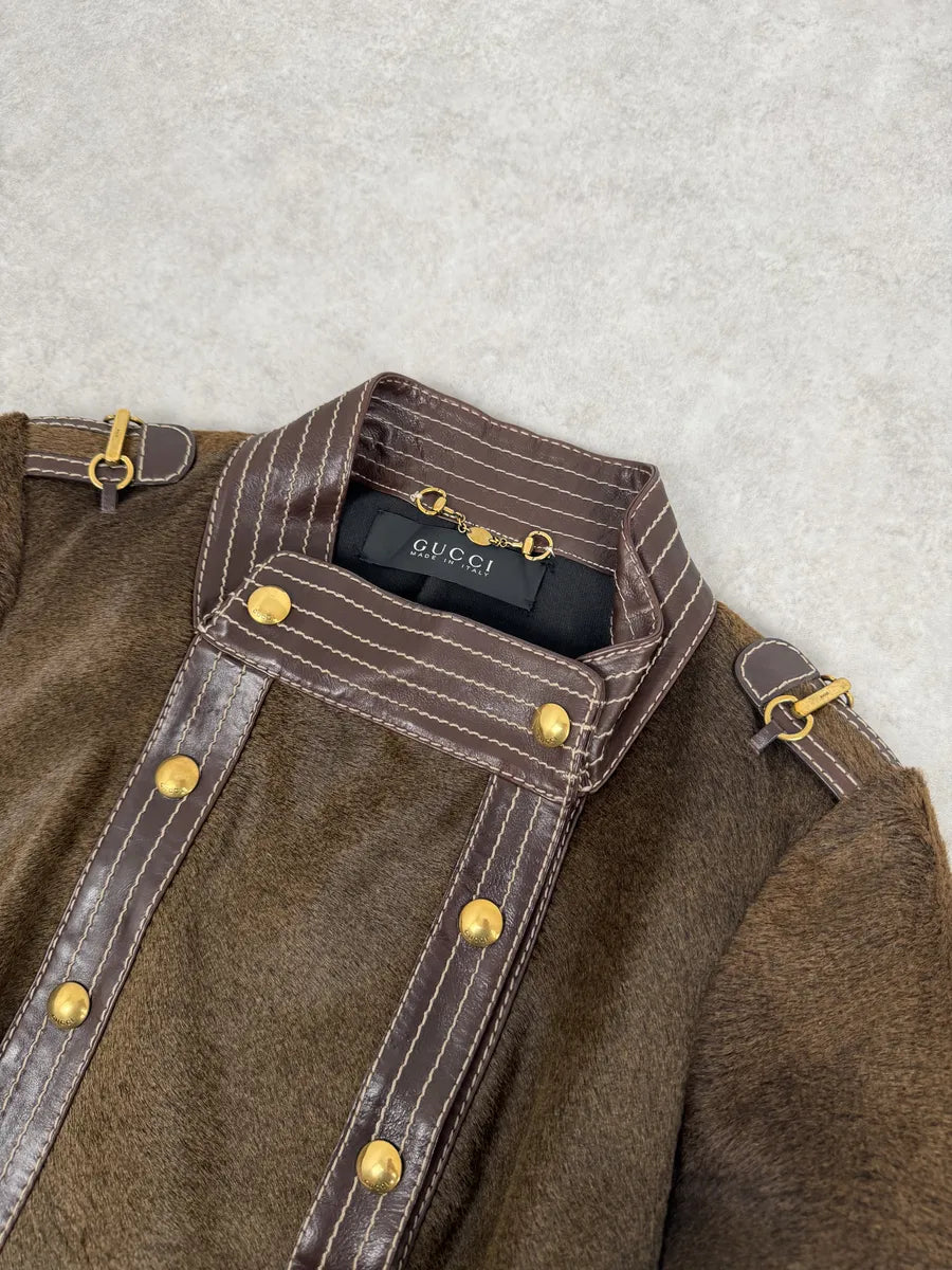 2000s Gucci Brown Pony Hair Leather Buttoned Officer Jacket by Tom Ford CvvUybc 7