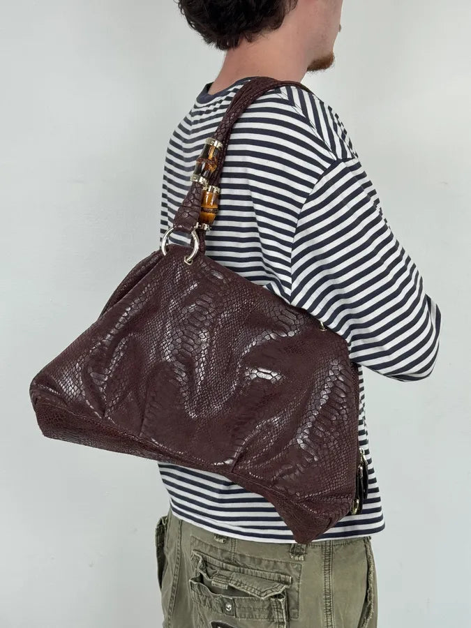 2000s Gucci Brown Python Effect Bamboo Handle Bag NTouIWv 2