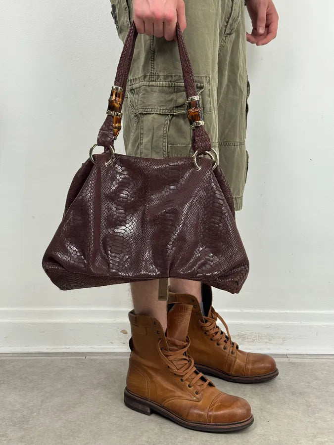 2000s Gucci Brown Python Effect Bamboo Handle Bag NTouIWv 1