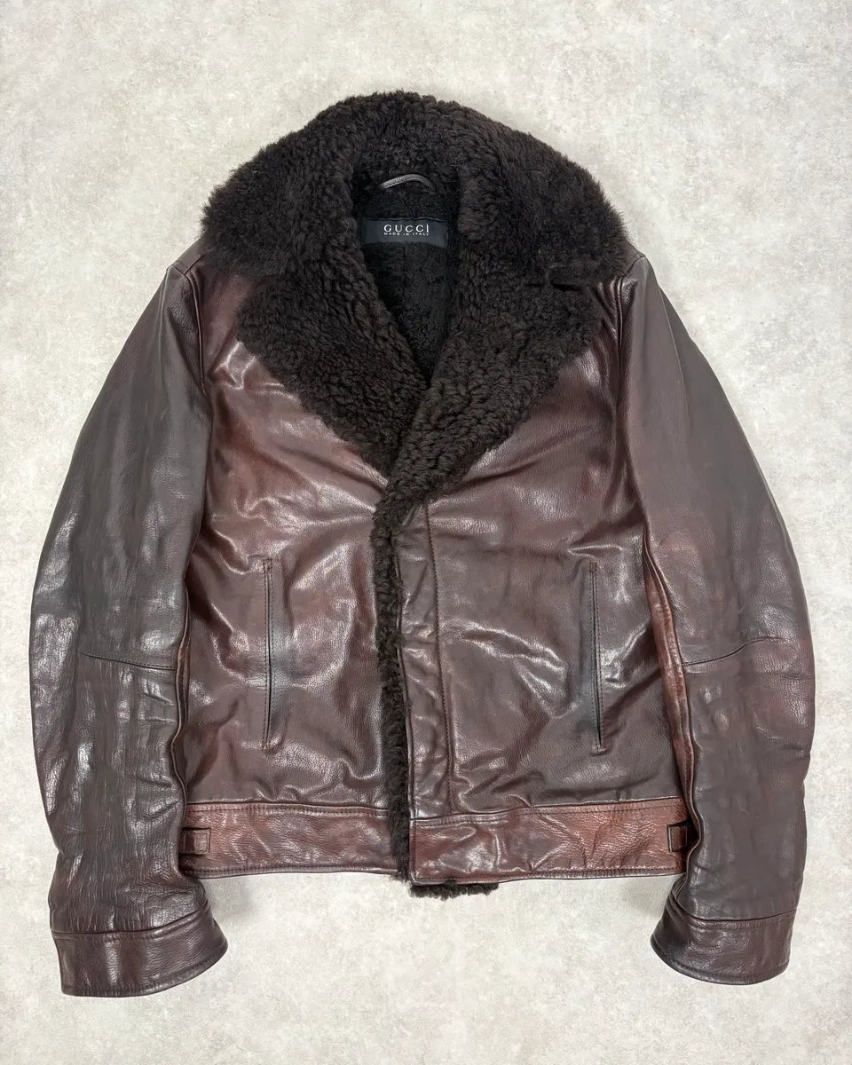 AW2012 Gucci Brown Shearling Leather Jacket by Frida Giannini gyNeCqf 0
