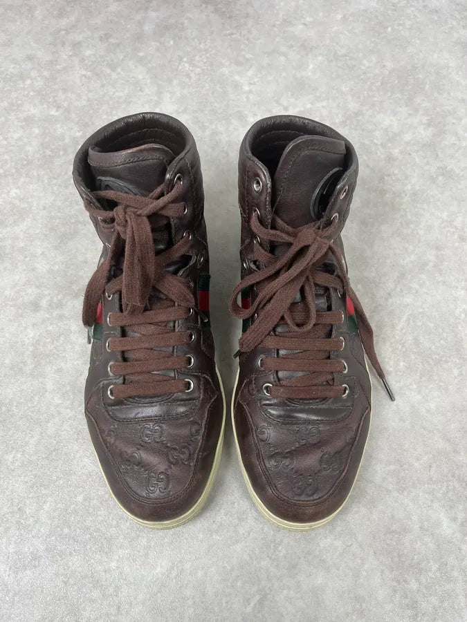2000s Gucci Brown Signature Monogrammed Leather High Sneakers WnuRXPL 1