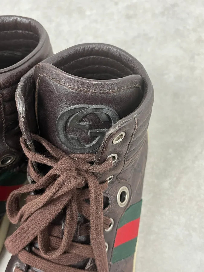 2000s Gucci Brown Signature Monogrammed Leather High Sneakers WnuRXPL 9