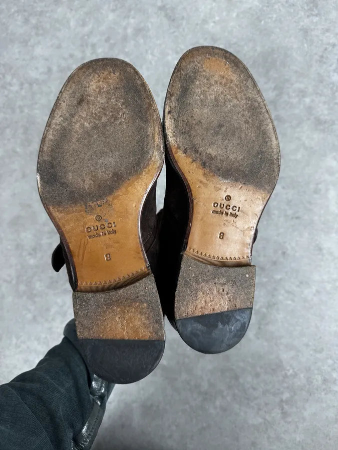 2000s Gucci Brown Suede Biker Double Buckle Boots xXPPfGQ 6