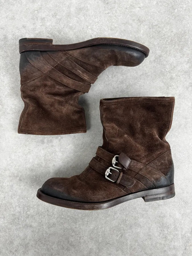 2000s Gucci Brown Suede Biker Double Buckle Boots xXPPfGQ 2