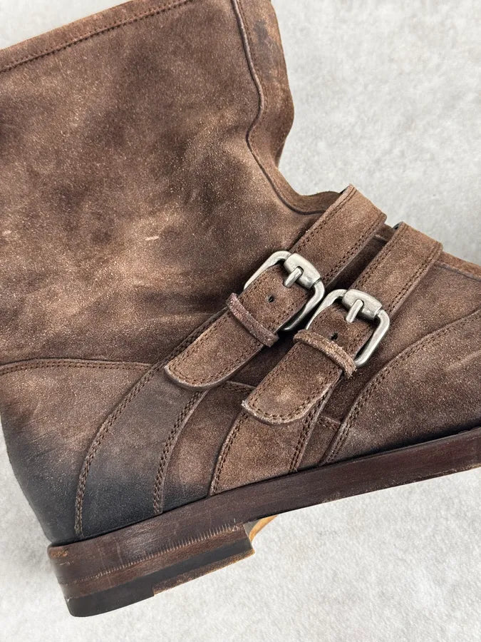 2000s Gucci Brown Suede Biker Double Buckle Boots xXPPfGQ 4