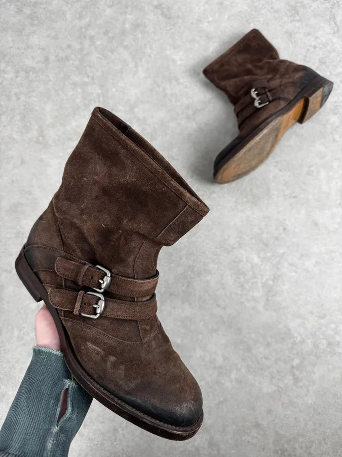 2000s Gucci Brown Suede Biker Double Buckle Boots xXPPfGQ 0