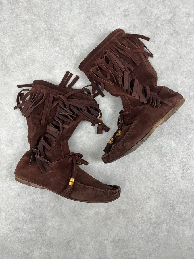 2000s Gucci Brown Suede Fringe Boots by Frida Giannini yillKaR 2