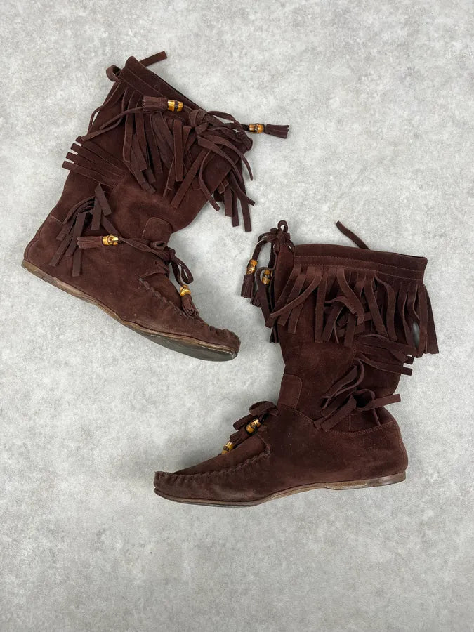 2000s Gucci Brown Suede Fringe Boots by Frida Giannini yillKaR 3