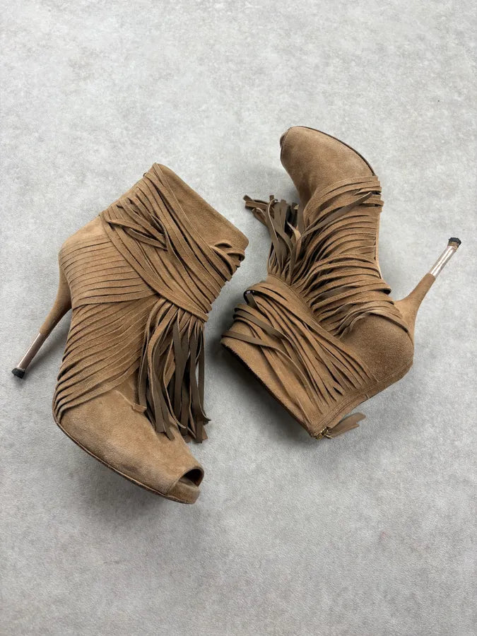 2000s Gucci Camel Akerman Suede Leather Fringe Heels rAeRMTv 5