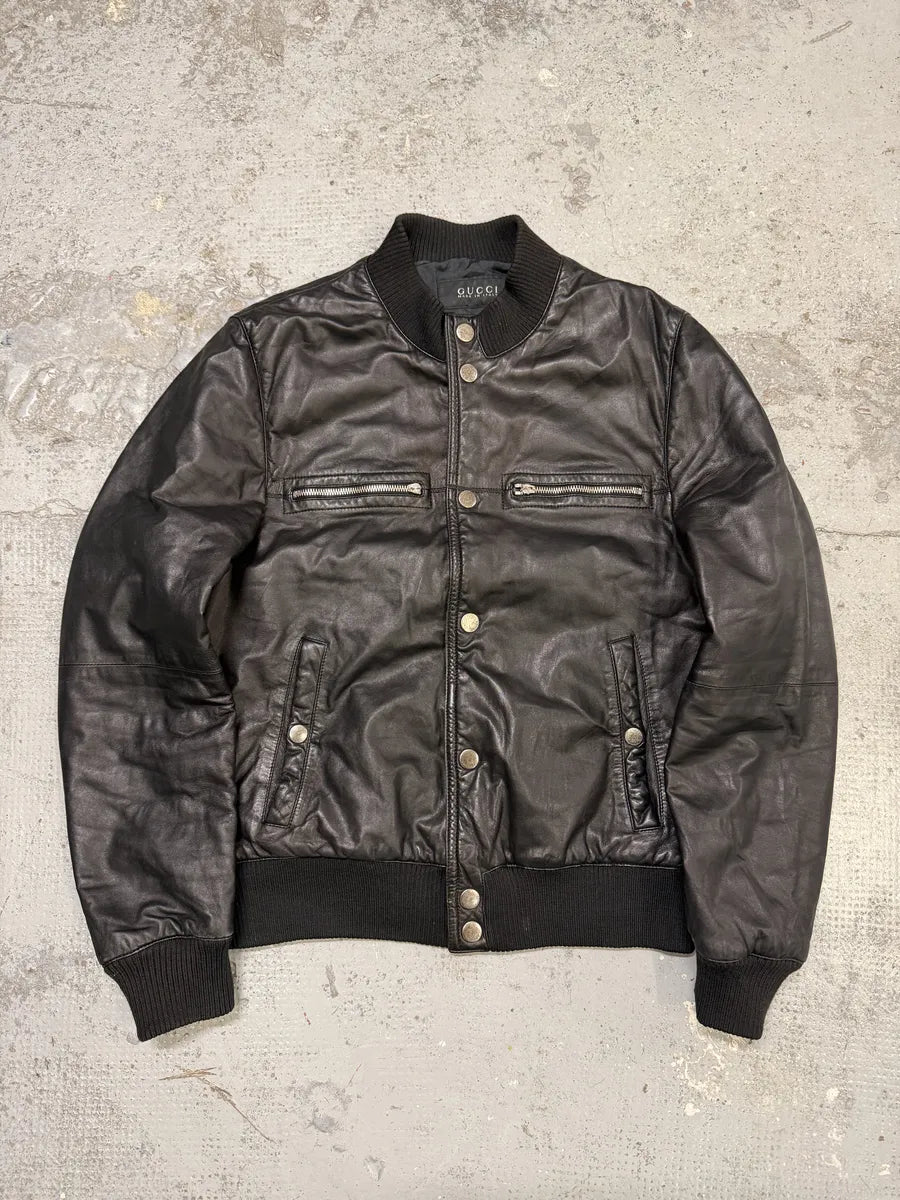 2000s Gucci Buttoned Black Biker Leather Jacket uiJXyiP 0
