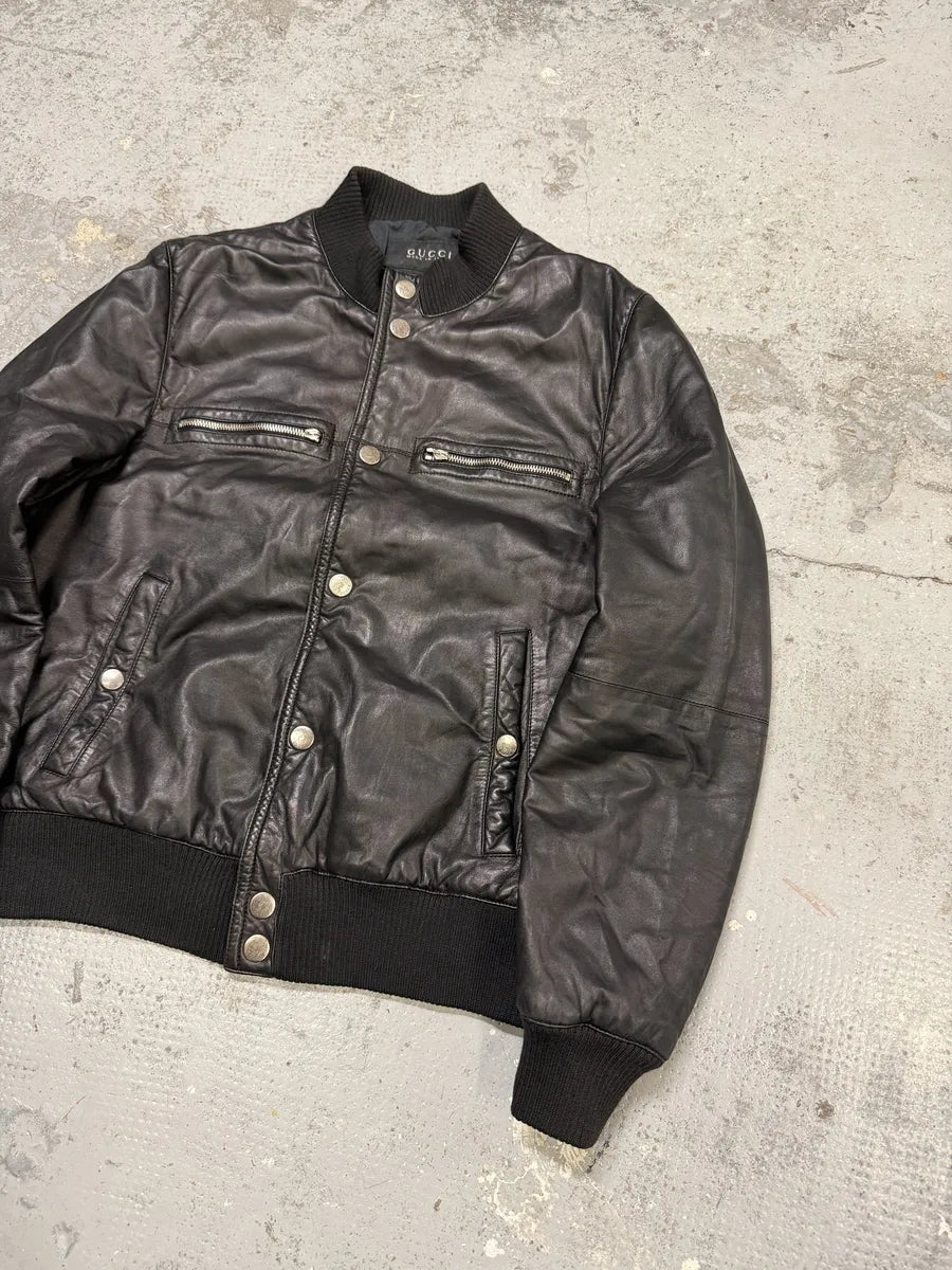 2000s Gucci Buttoned Black Biker Leather Jacket uiJXyiP 4