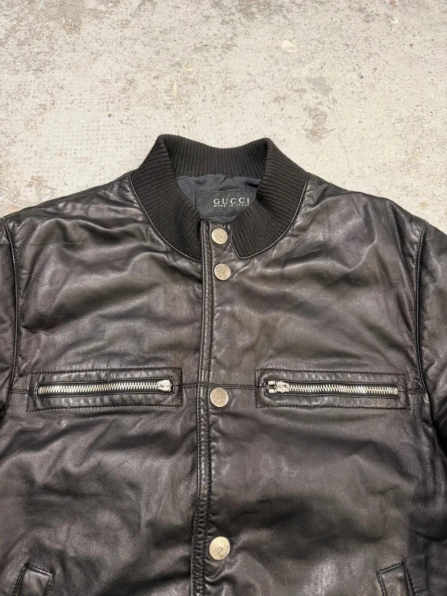2000s Gucci Buttoned Black Biker Leather Jacket uiJXyiP 5