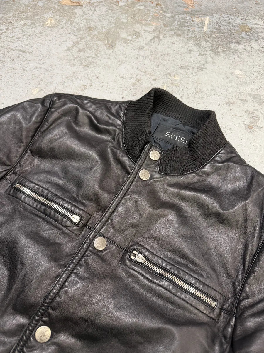 2000s Gucci Buttoned Black Biker Leather Jacket uiJXyiP 8