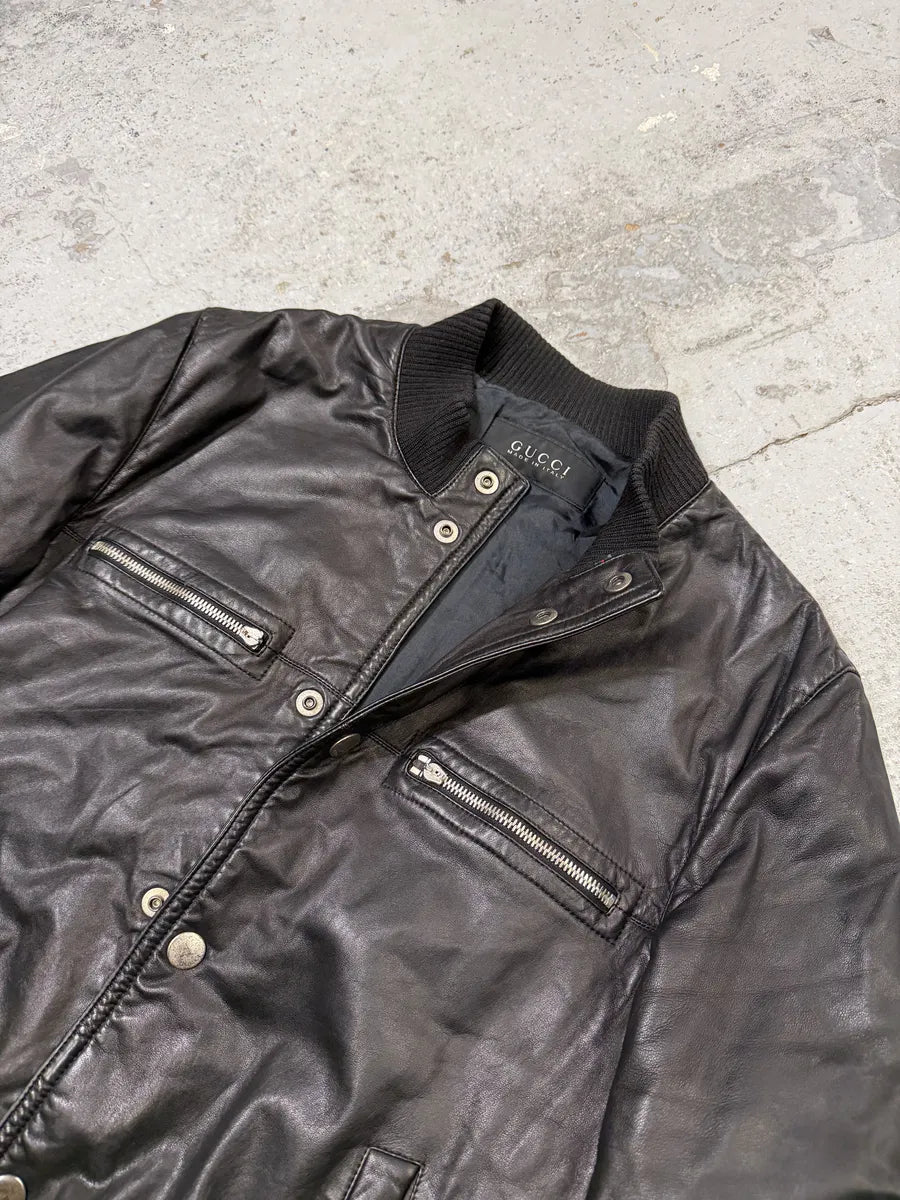 2000s Gucci Buttoned Black Biker Leather Jacket uiJXyiP 9