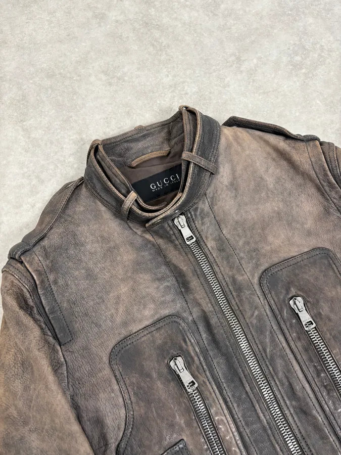 SS2011 Gucci Brown Eroded Leather Premium Jacket by Frida Giannini dMaRvFh 5