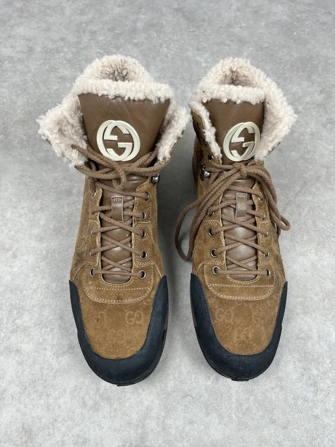 2000s Gucci Brown Nebraska Monogram Hiking Boots lFphSYq 1