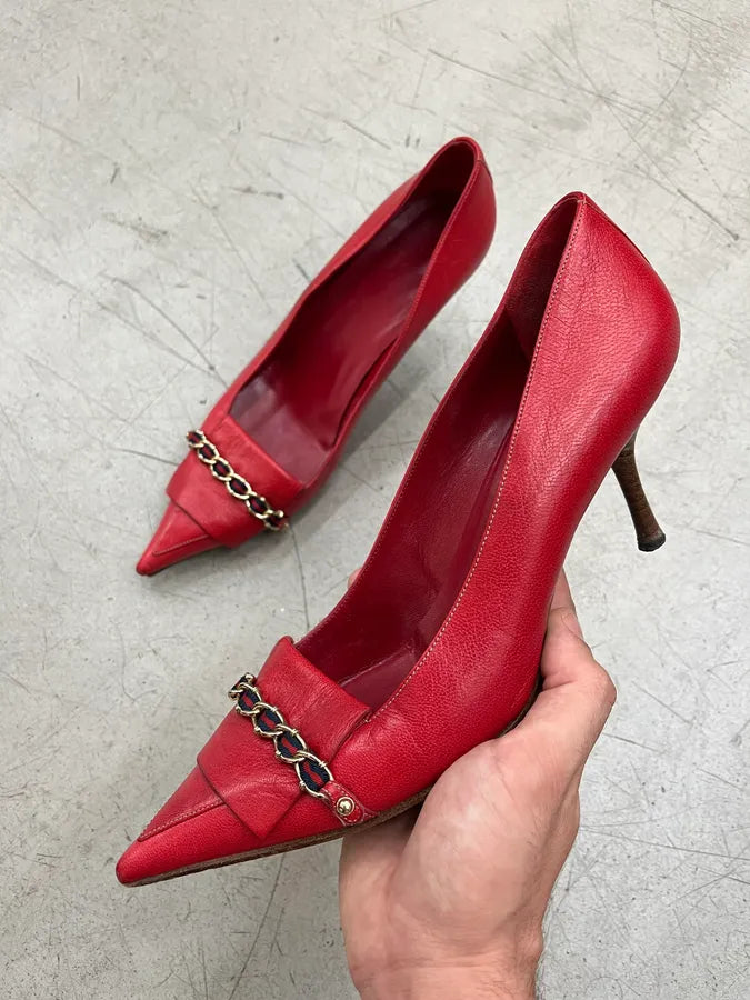 2000s Gucci Chain Red Leather Heels ceTOtpN 0