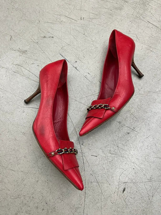 2000s Gucci Chain Red Leather Heels ceTOtpN 1
