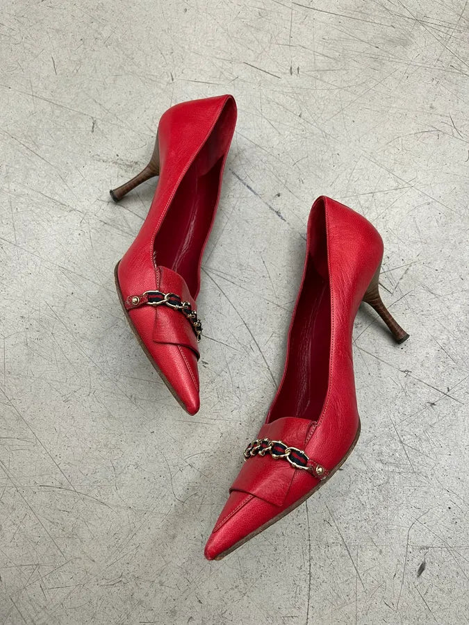 2000s Gucci Chain Red Leather Heels ceTOtpN 2