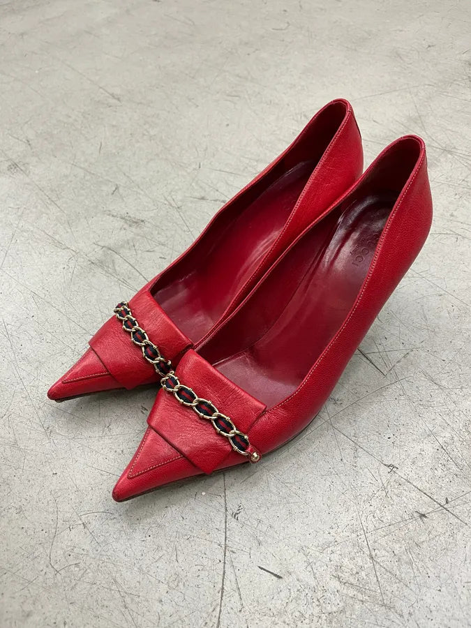 2000s Gucci Chain Red Leather Heels ceTOtpN 3