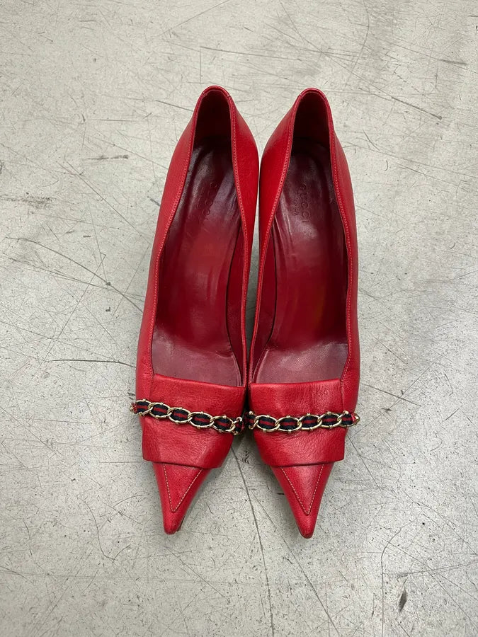 2000s Gucci Chain Red Leather Heels ceTOtpN 4