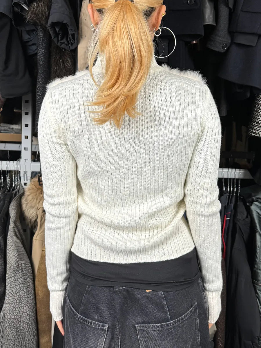 SS2003 Gucci Cream White Fur Wool Sleeves Zip-Up Sweater zvaxyRs 2