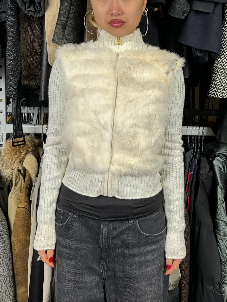 SS2003 Gucci Cream White Fur Wool Sleeves Zip-Up Sweater zvaxyRs 1
