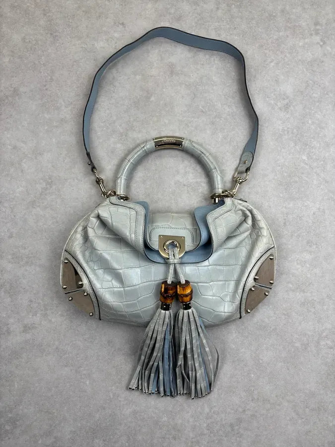 2000s Gucci Crocodile Indy Baby Blue Grey Bamboo Frange Bag by Frida Giannini dPvKTyG 0